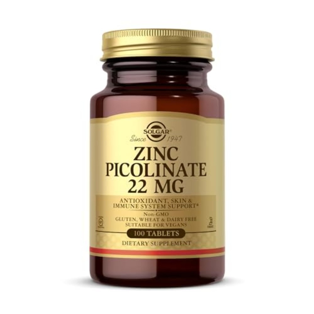 Solgar çinko Picolinate 22 mg, 100 Tablet - Sağlıklı Cilt - Destekler Immune Sistemi, Normal Tadı ve Vizyon - Antioksi – Non-GMO, Vegan, Gluten Free, Kosher - 100 Hizmet