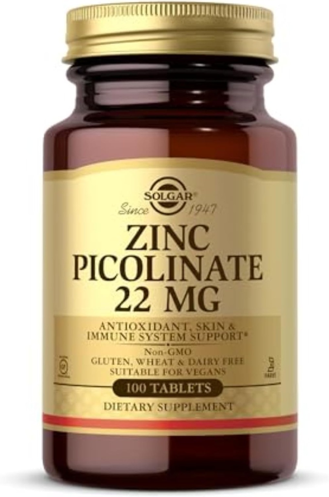 Solgar Zinc Picolinate 22 mg, 100 δισκία - Προάγει το υγιές δέρμα - Υποστηρίζει το ανοσοποιητικό σύστημα, την κανονική γεύση & όραση - Αντιοξειδωτικό – Μη ΓΤΟ, Vegan, Χωρίς γλουτένη, Kosher - 100 εξυπηρετεί