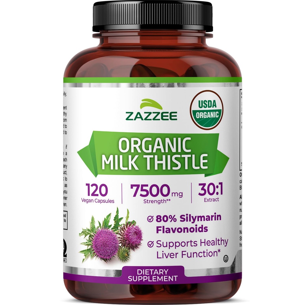 Zazzee USDA Organic Milk Thistle 30:1 Extract, 7500 mg Αντοχή, 120 Vegan Κάψουλες, 80% Silymarin Flavonoids, Standardized and Concented 30X Extract, 100% Χορτοφαγικά, Όλα-Φυσικά και Μη-ΓΤΟ