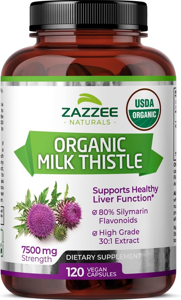 Zazzee USDA Organik Süt Butle 30:1 Ekstraksiyon, 7500 mg Güçlü, 120 Vegan Capsules,% 80 Silymarin Flavonoids, Standartlaştırılmış ve Yoğun 30X Ekstraksiyon, 100% Vegetarian, All-Doğal ve Non-GMO