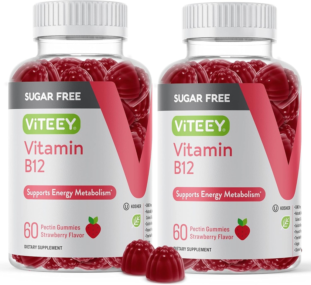 Viteey Vitamin B12 Gummies for Adults & Teens 1000mcg, Sugar Free - Καλό για την ενέργεια, Μεταβολισμός, Φυσική Ενέργεια Υποστήριξη - Vegan, Ζελατίνη Δωρεάν, Γλουτένη Χωρίς, GMO Δωρεάν - Μασώμενη Φράουλα Γεύση