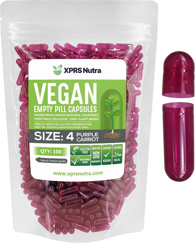 XPRS Nutra μέγεθος 4 άδεια κάψουλες - 100 κόμης μικρές κενές κάψουλες Vegan - χορτοφαγικά χάπια - DIY φυτική κάψουλα πλήρωσης - πληρώσιμο Do-It-Yourself Veggie Caps για συμπληρώματα (Purple Carrot)