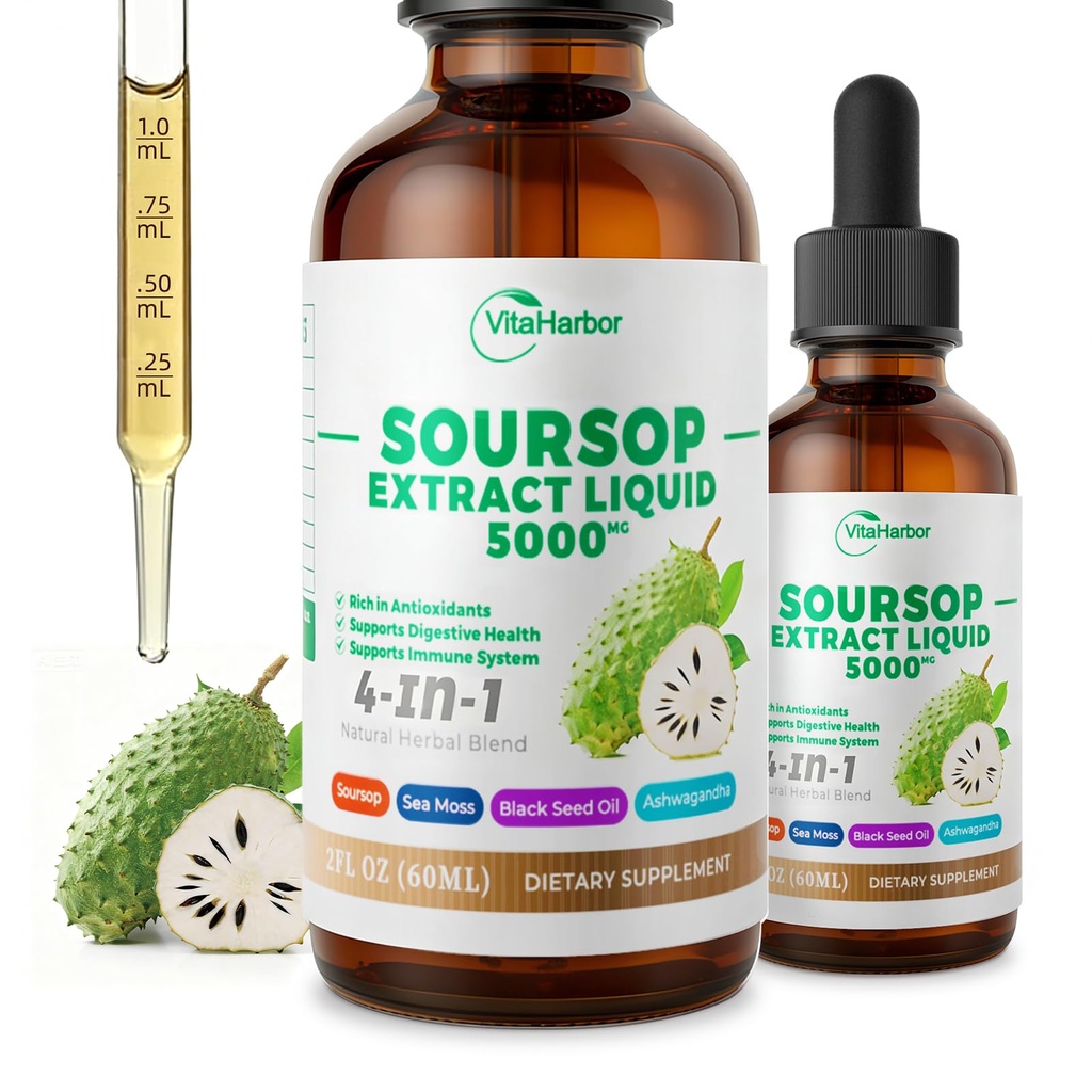 4-in-1 bitters Soursop Liquid, Soursop Oil with Sea Moss & Black Seed Oil & Ashwagandha, for Immune & Digestive & Cell Support, Sugar-Free 