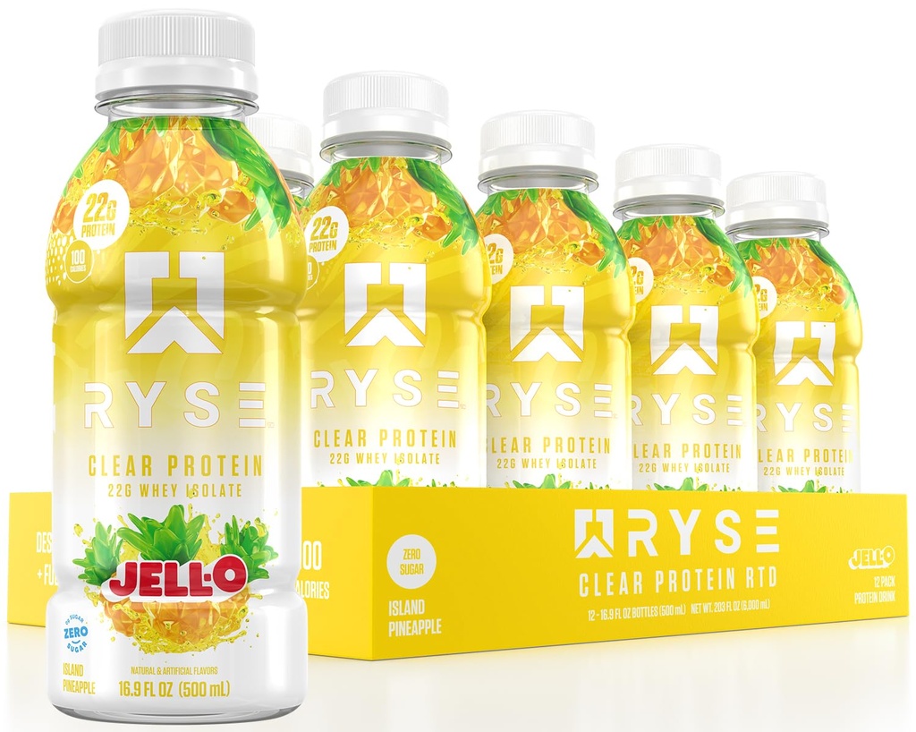 RYSE Clear Protein Drink - Jell-O Island Pineapple - 100 θερμίδες, 22g Whey Isolate Protein Shake, Sugar-Free, 0g Λίπος & Λακτόζη-Free - Αναζωογονητικό Ready-to-Dink Beverage - 16,9 fl oz Μπουκάλια (12-Pack)