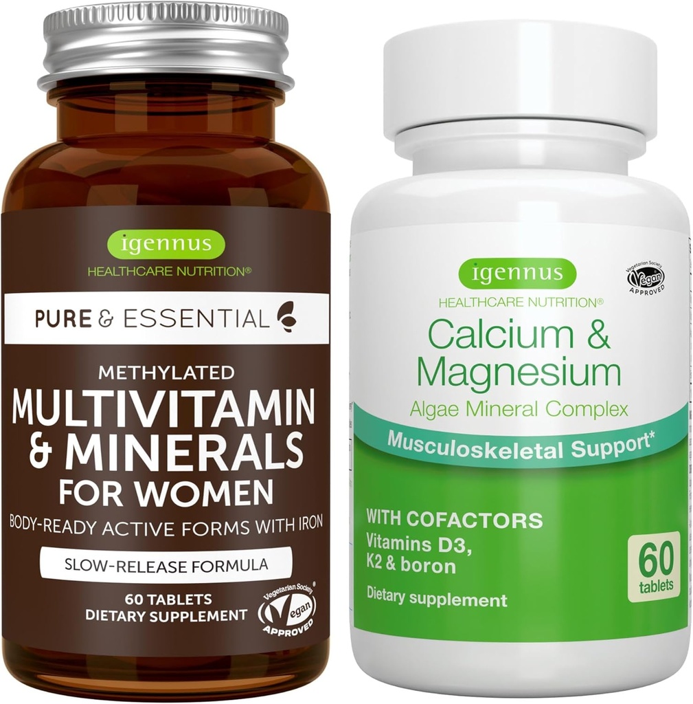 Kadınlar için Çokvitamin ve Mineraller + Kalsiyum & Kompleksi Magnezyum Vegan, Sustained release Advanced Multivitamin + 2:1 Plantive Algae Mineral Kompleksi, Igennus