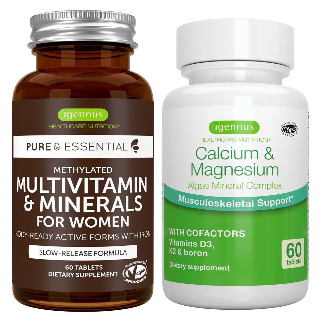 Kadınlar için Çokvitamin ve Mineraller + Kalsiyum & Kompleksi Magnezyum Vegan, Sustained release Advanced Multivitamin + 2:1 Plantive Algae Mineral Kompleksi, Igennus