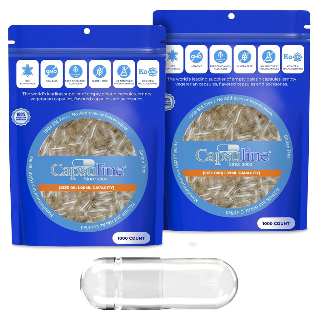 Capsuline Boyut 00 ve Boyut 000 Gelatin Boş Kapsüller, 1000 Kont Sche, Boş Gel Pill Capsules, DIY Pure Bovine Pill Capsule, Boş Caps, Kosher, Gluten Free ve Non-GMO sertifikalı, Clear, Clear Bovine Pill Capsule