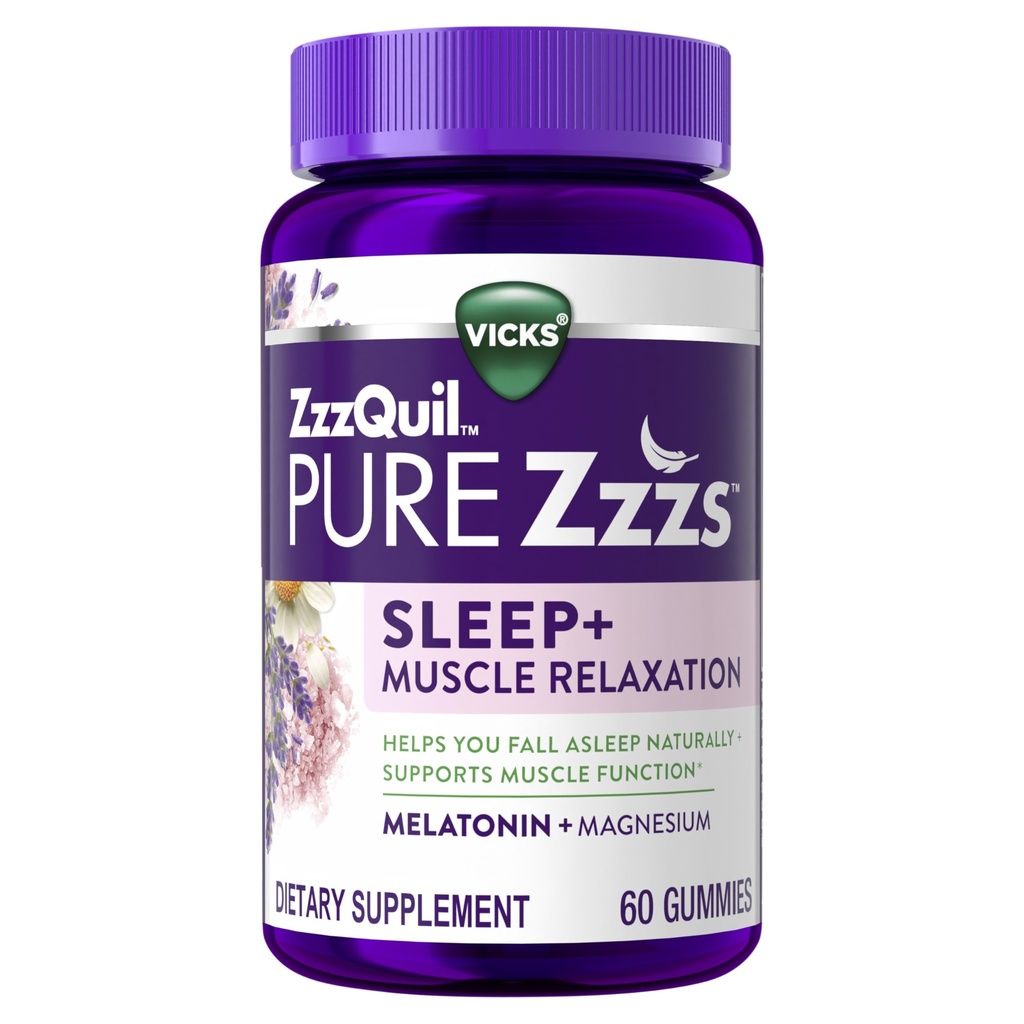 ZzzQuil Pure Zzzs Muscle Relaxation Melatonin Sleep Aid Gummies, Supports Muscle Function, Helps You Fall Asleep Natural, Fast, Melatonin + Magnezyum, No Next-Day Grogginess, Drug-Free, 60ct
