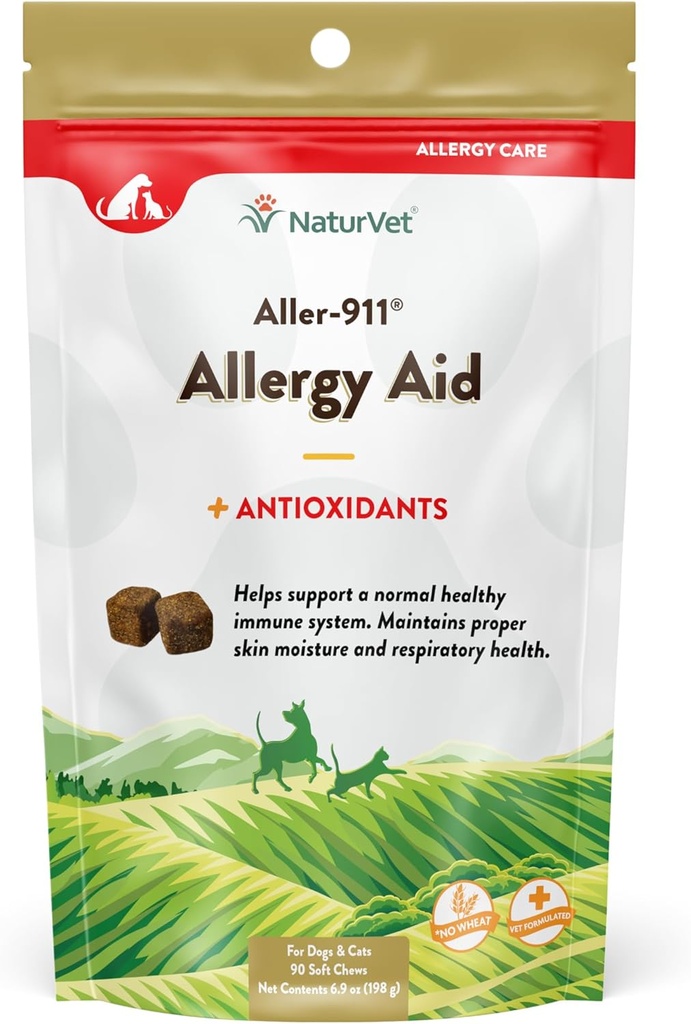 NaturVet – Aller-911 Skin & Coat Allergy Aid Plus Αντιοξειδωτικά – 90 μαλακά μάσημα – Υποστηρίζει ανοσοποιητικό σύστημα, υγρασία του δέρματος και αναπνευστική υγεία – Ενισχυμένο με Ωμέγα, DHA & EPA – για σκύλους & γάτες