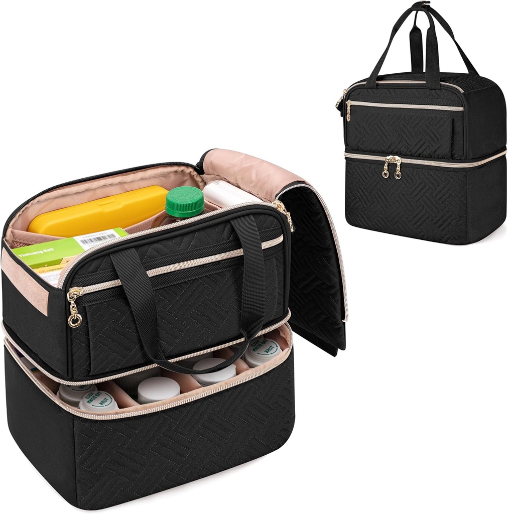 Damero Double Layers Pill Bottle Organizer Κενό, κλειδωμένη τσάντα αποθήκευσης φαρμάκων Τσάντα ταξιδιού με 4 προσαρμοσμένους διαιρέτες για τις συνταγές μπουκάλια, ιατρικά συμπληρώματα, μαύρο