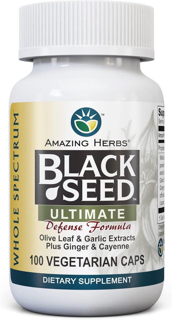 Amazing Herbs Whole Spectrum Black Seed Ultimate, Vegetarian Capsules - Olive Leaf & Garlic Extracts Plus Ginger & Cayenne, Gluten Free, Non GMO, Vegan - 100 Count Count