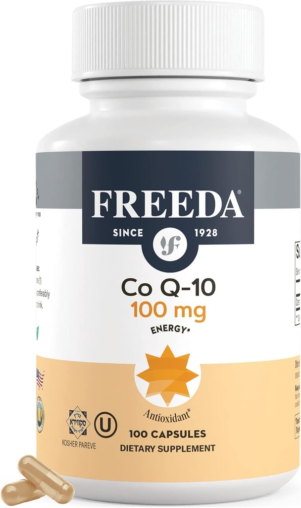 FREEDA CoQ10 100 mg - Kosher Coenzyme Q10 Pickary Supplement for Cardiovascular Kalp Sağlığı, Kan Baskı Desteği, Oral Gum Health ve Sağlıklı Ağlama - Pure CoQ10 Capsules, 100 Kont