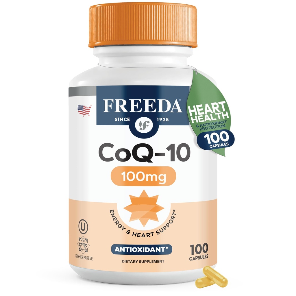 FREEDA CoQ10 100mg - Kosher Coenzyme Q10 Συμπλήρωμα διατροφής για την καρδιοαγγειακή υγεία της καρδιάς, την υποστήριξη της αρτηριακής πίεσης, την υγεία των στοματικών ούλων, και την υγιή γήρανση - Καθαρή κάψουλες CoQ10, 100 κόμης