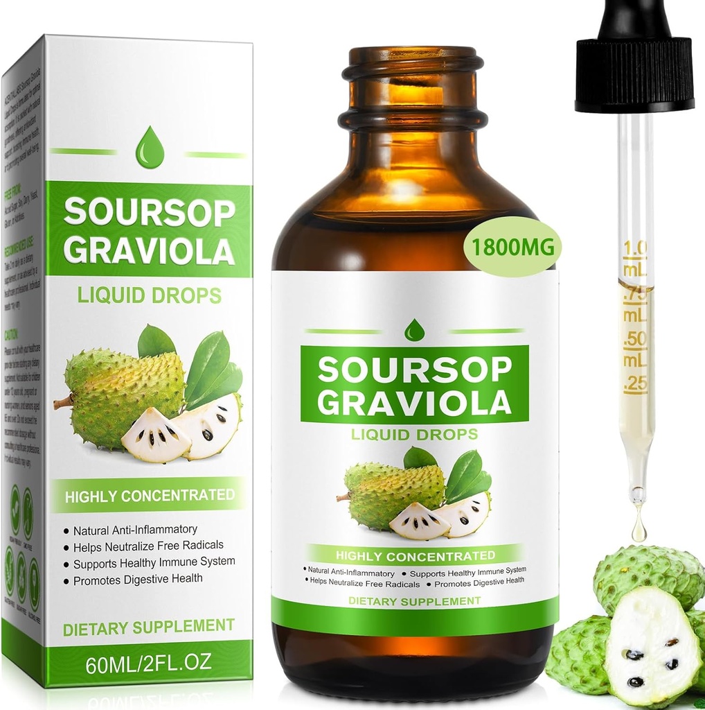 Soursop Graviola Liquid Drop Organic 1800 mg, Doğal Soursop Bitters Hücre Desteği için Sıvı Broşürü, İyi Yaşam ve Antioksit Desteği, Herbal Goodness, Immune Health