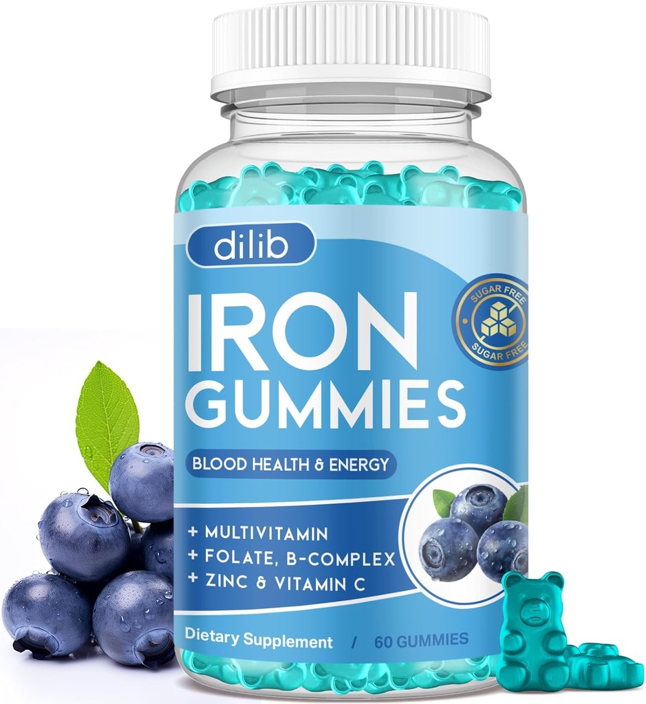 Multivitamin ile Demir Gummies, çinko, B Complex & C, B12, Folate - Blood Builder & Energy Support for Yetişkinler & Çocuklar - Blueberry Flavor, Vegan 60 Gummies