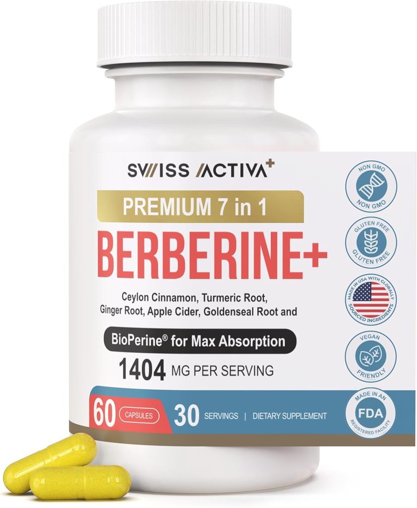 İsviçre Activa+ Labs Organik 7-in-1 Berberine Supplement | 600 mg HCl + Ceylon Cinnamon, Turmeric, Ginger, ACV, Goldenseal, BioPerine | Metabolic, Heart & Digestive Support | Vegan, Non-GMO 30 Day Supply