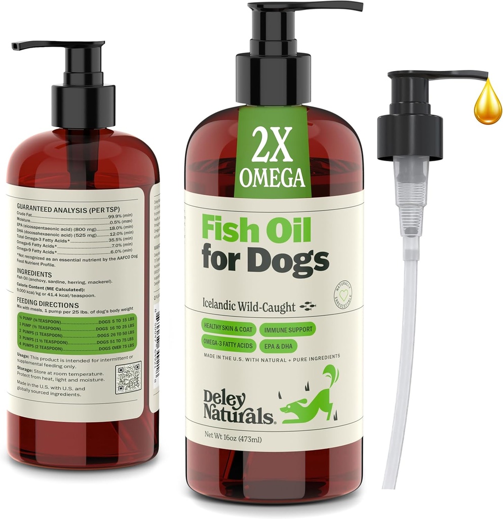 Deley Naturals Dog Fish Oil İzlandaic 2X Omega - Dog Itching Skin Relief with Omega 3 6 9 for Allergies, Coat & Heart - Omega 3 Fish Oil for Dogs Skin Irritation - 16oz Omega Oil for Dogs Made in USA