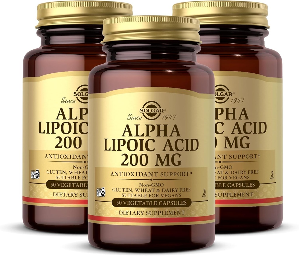 Solgar Alpha Lipoic Acid 200 mg, 50 κάψουλες λαχανικών (Pack of 3) - Αντιοξειδωτική υποστήριξη - Βοηθά στην ανακύκλωση Γλουταθειόνης, Βιταμίνης C & E, CoQ-10 - Μη ΓΤΟ, Vegan, Χωρίς γλουτένη, Χωρίς γαλακτοκομικά, Kosher - 150 Σύνολο σερβιρίσματος