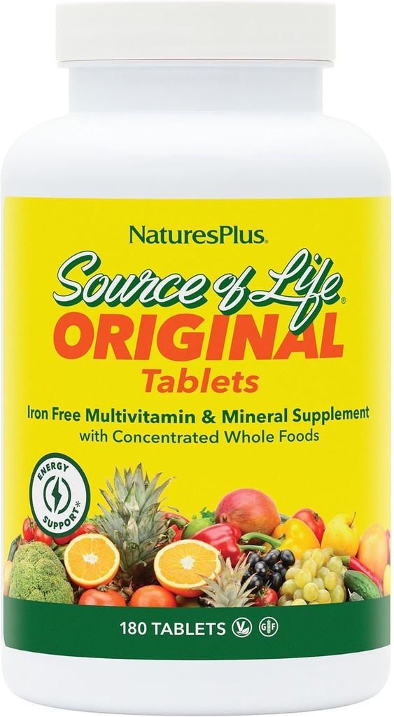 NaturesPlus Source of Life No Iron - 180 Tablets - Multi-Vitamin & Mineral Supplement - Υποστηρίζει τη φυσική ενέργεια & τη συνολική ευεξία - Χωρίς γλουτένη, χορτοφαγικά - 60 Σερβιέτες
