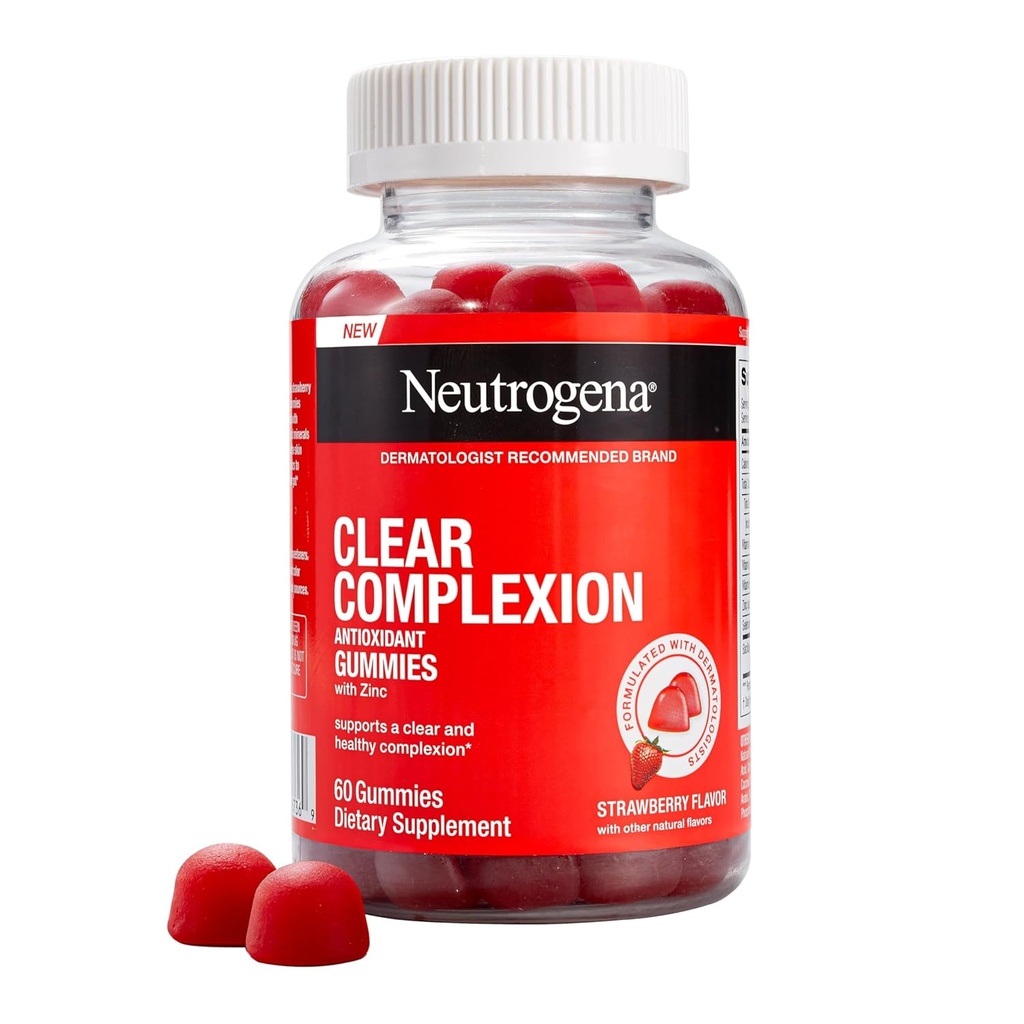 Neutrogena Clear Complexion Antioksi Gummies with çinko, Daily Skincare Supplement with Vitamin A, C & E for Clear, Sağlıklı Skin + Probiyotiks, Strawberry Flavor, 60 ct