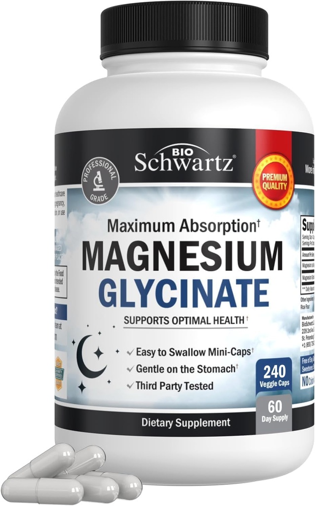 BioSchwartz Magnezyum Glycinate 500 mg Capsules (240 Mini Caps) Sağlıklı Nerves Kass Kalp Mood ve Uyku Desteği (Vegan, Gluten-Free, Non-GMO) için maksimum Abors Magnezyum Tamamı