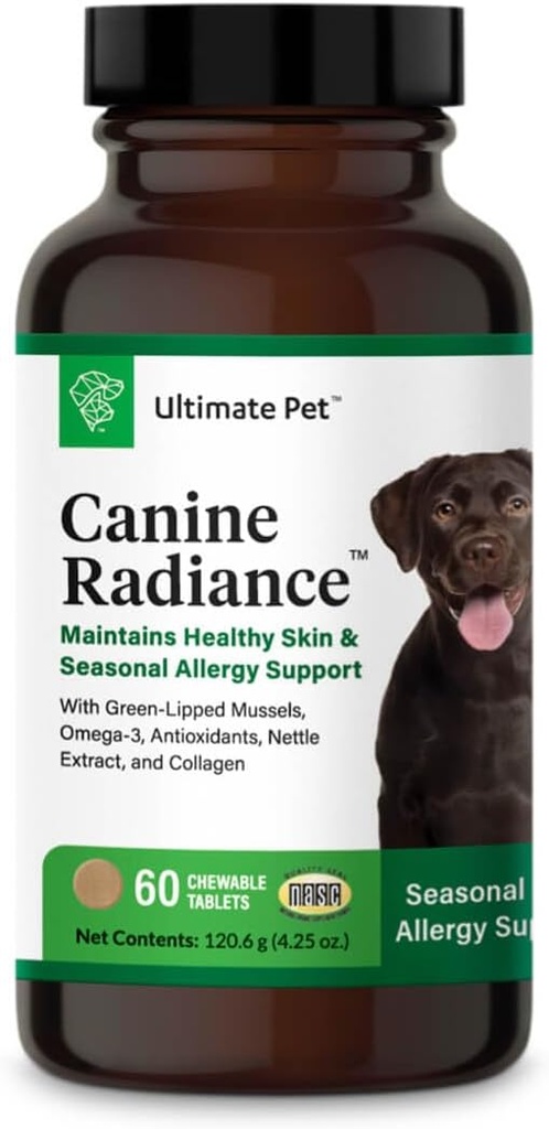 ULTIMATE PET NUTRITION Canine Radiance Skin Allergy Support Supplement for Dogs, Omega-3 Skin Hydration, Antioxidants to Prevent Itching and Strengthen Coat, 60 Chewable Tablets
