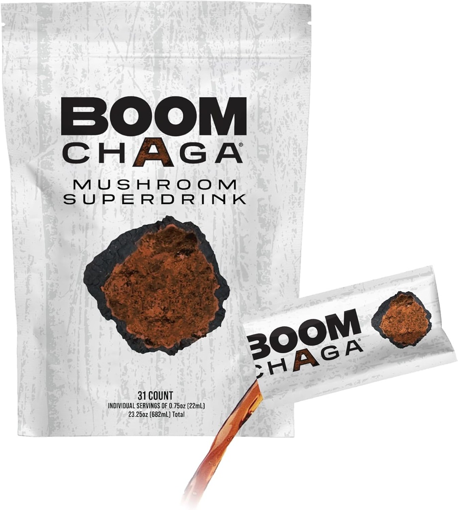 Mushroom Superdrink, Chaga Mushroom Türlü Plastik Anti-Inflammation ve Immunity Boost, Beta-Glucans for Heart Health, Oxalate-Free, 31 Single-Serving Packets