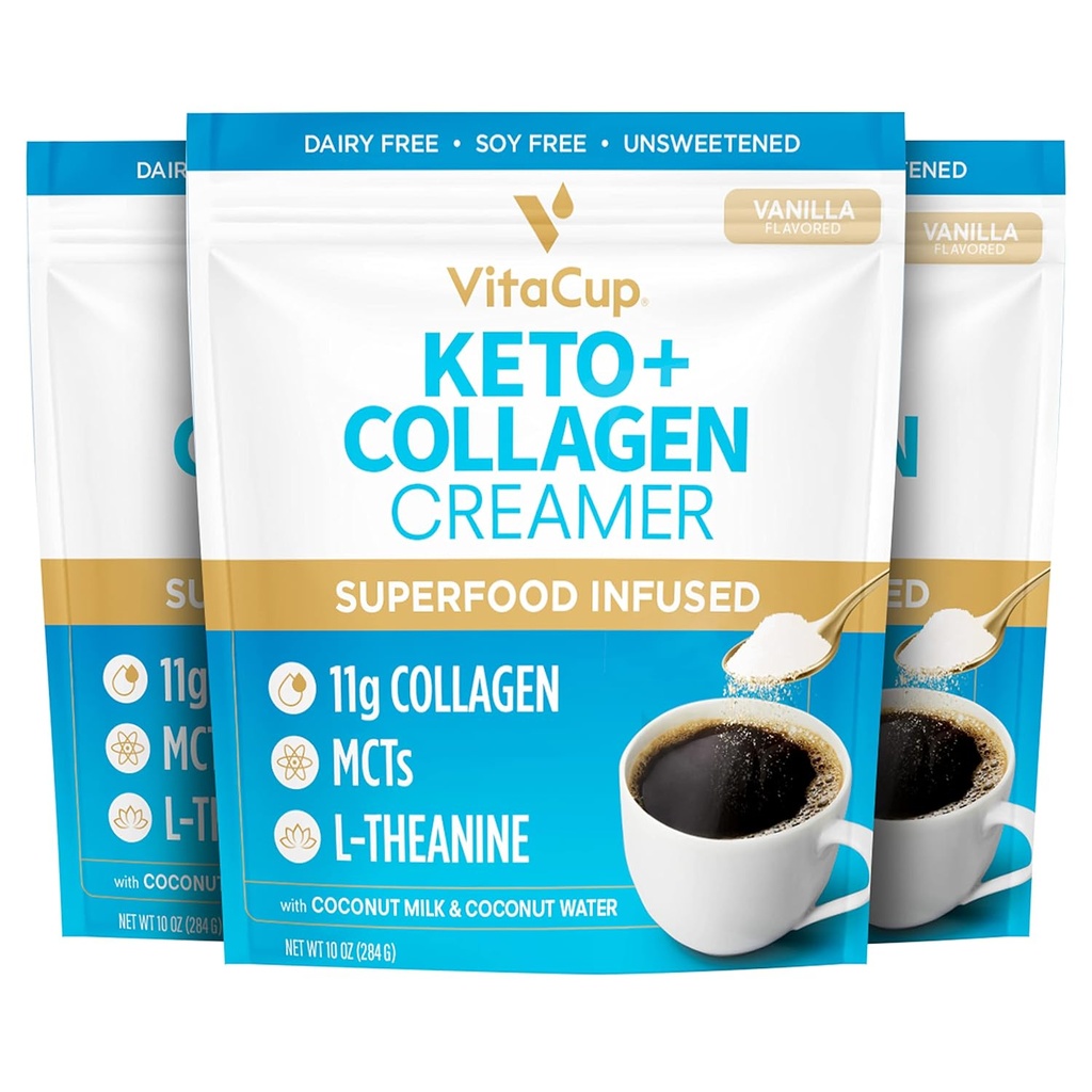 VitaCup Keto + Collagen Coffee Creamer Vanilla Flavor w/MCT, Collagen Protein, Coconut Water, L-Theanine for Keto Diet, Coffee, Smoothies, & Shakes, Dairy-Free, Gluten-Free, Soy-Free, 3 bags,10oz each