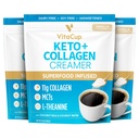 VitaCup Keto + Collagen Coffee Creamer Vanilla Flavor w/MCT, Collagen protein, Coconut Water, L-Theanine for Keto Diyet, Kahve, Smoothies, & Shakes, Dairy-Free, Gluten-Free, Soy-Free, 3 çanta,10oz her biri
