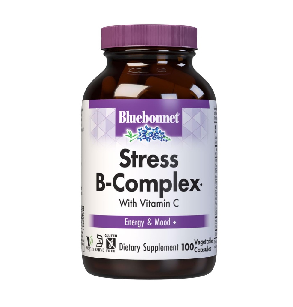 Bluebonnet Beslenme Stresi B Kompleks Sebze Kapsülleri, B6, B12, Biotin, Folate, Vegan, Gluten & Soy & Süt Free, Kosher, Unflavored, 100 Count