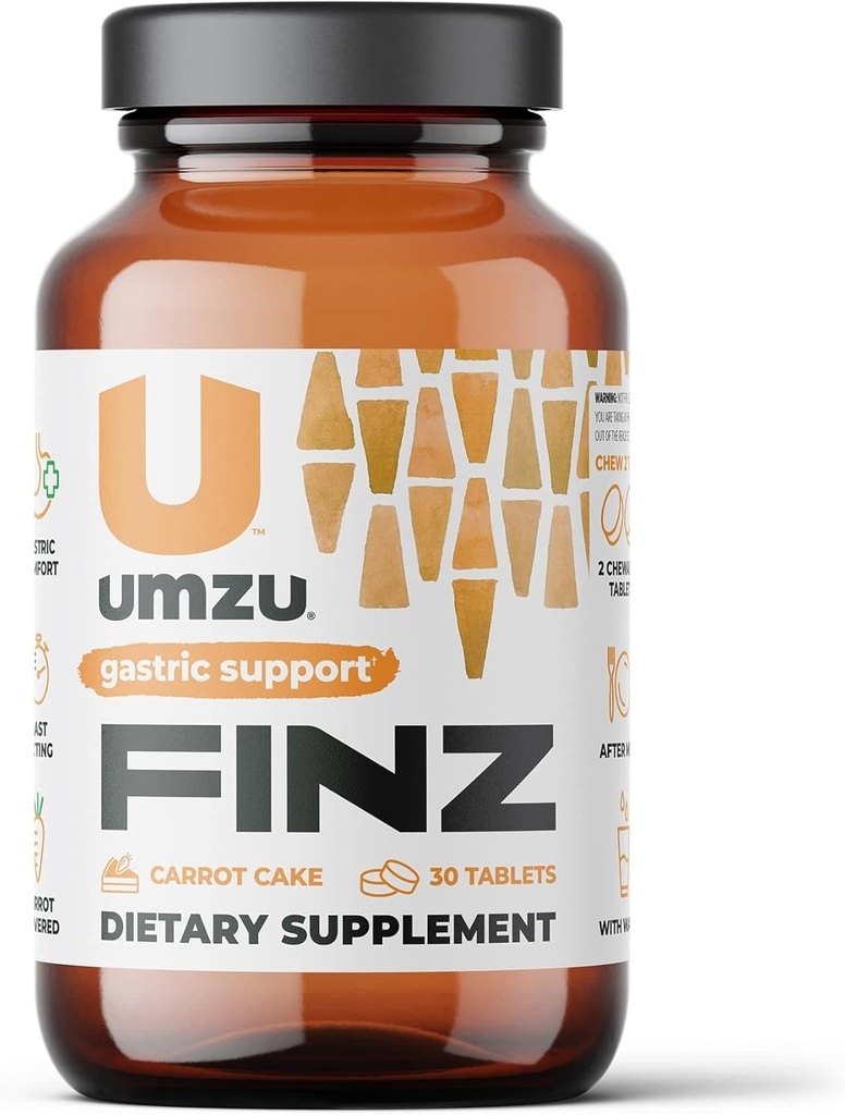 UMZU Finz Natural Gastrik Comfort Supplement | Hızlı Kalpburnu 3 Doğal Malzemeler Karrot Kökü, Kalsiyum ve Sodyum Alginate for Balanced pH (Carrot Kek | 20 Tablet)