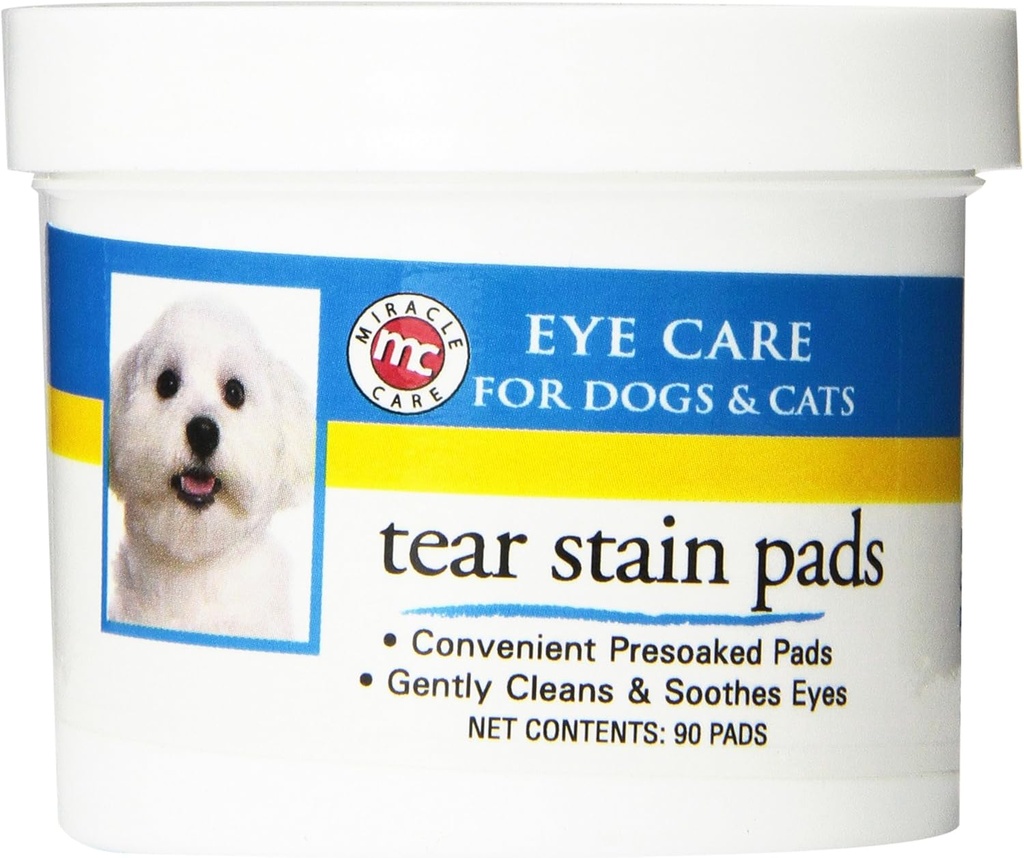 Miracle Care Tear Stain Pads, 90 Single Use Pre-Soaked Pads to Gally Clean and Soothe Dog and Cat Eyes, Non Sting Formula to improve Tear Stains and Take Eye Debris