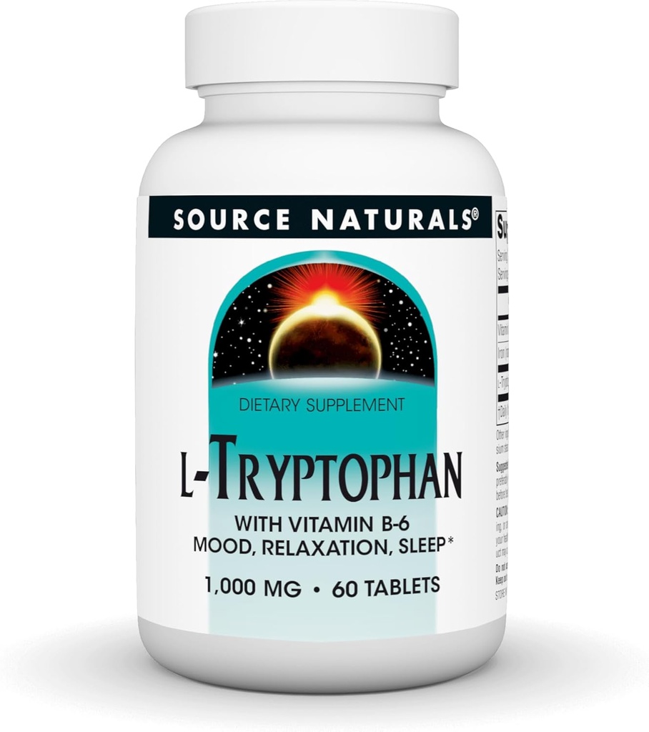 Source Naturals L-Tryptophan with Vitamin B-6 - Support Mood, Relaxation and Sleep - 1000 mg - 60 Tabletler