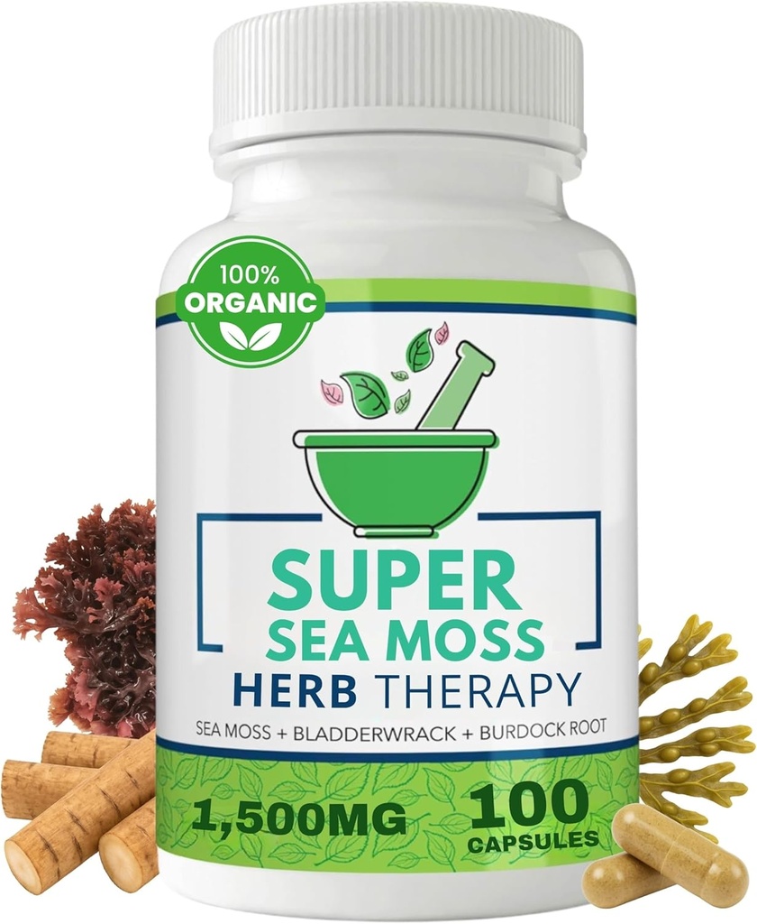 Sea Moss Capsules 100 Pack - Irish Sea Moss with Bladderwrack Toz & Burdock Root Toz - Keto & Baz Diyet Destek - No Fillers Seamoss Raw Supplement