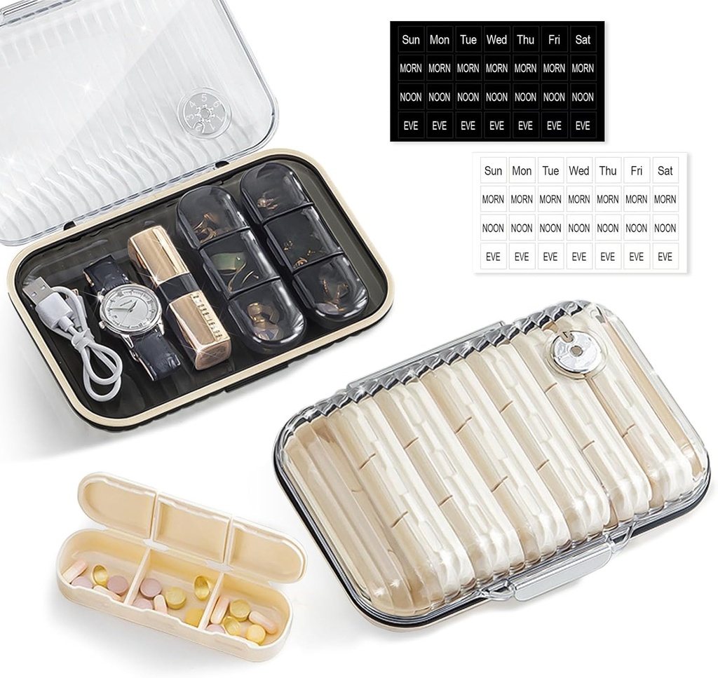 Haftalık Pill Organizer 3 Bir Gün, Portatif Seyahat Pill Case/Jewelry Box, Büyük İlaç Sahibi Konteyner, Günlük Pillbox Vitamin Tıp Tamamı için Yararlı Yapıştırıcı, Black Bio