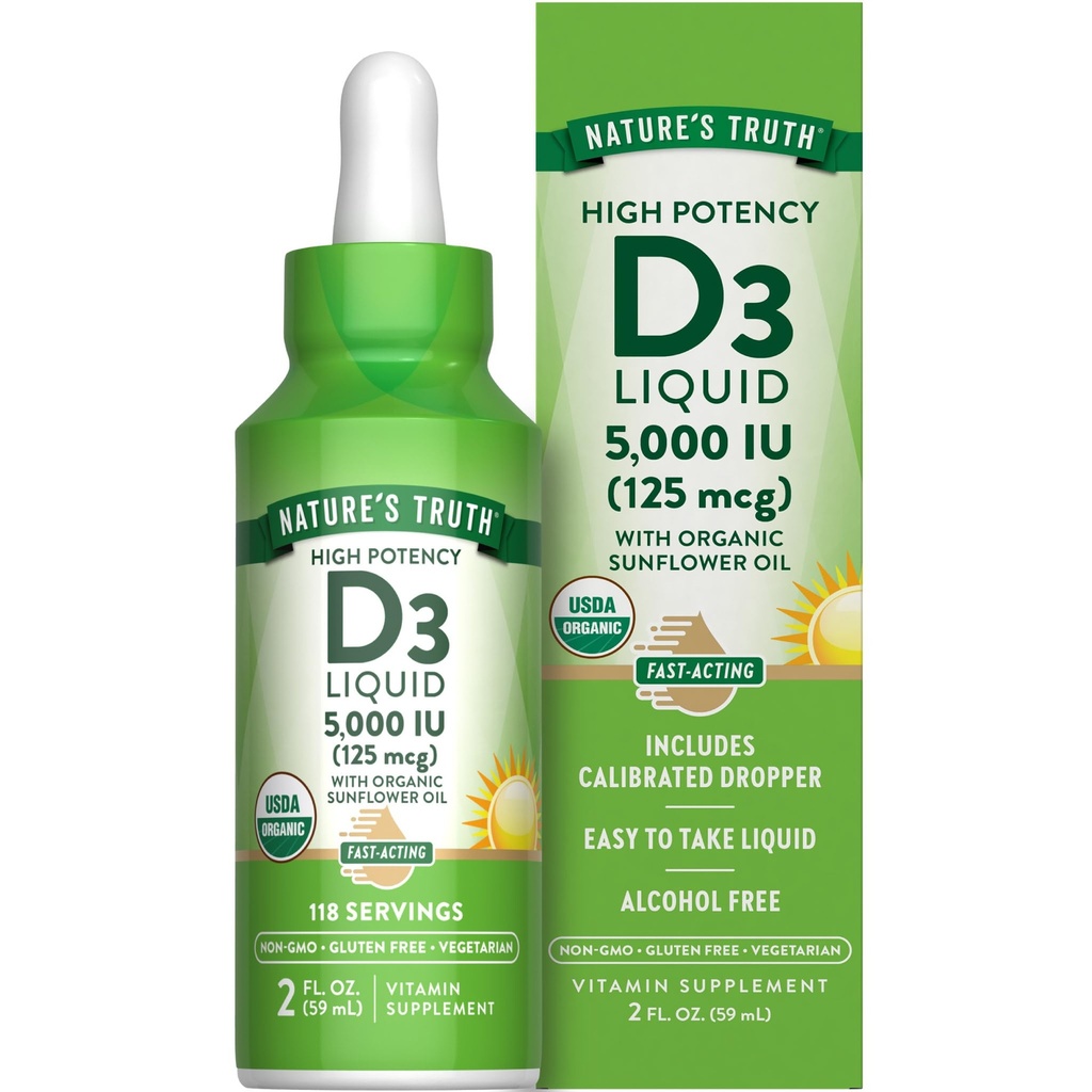Doğanın Gerçek Vitamin D3 Sıvı | 5000 IU | 2 fl oz | Non-GMO ve Gluten Ücretsiz Supplement