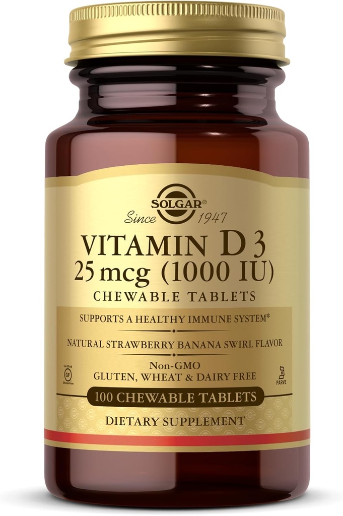 Solgar Vitamin D3 (Cloncalciferol) 25 mcg (1000 IU), Doğal Strawberry Banana Swirl - 100 Chewable Tablet - Non-GMO, Kosher - 100 Hizmet