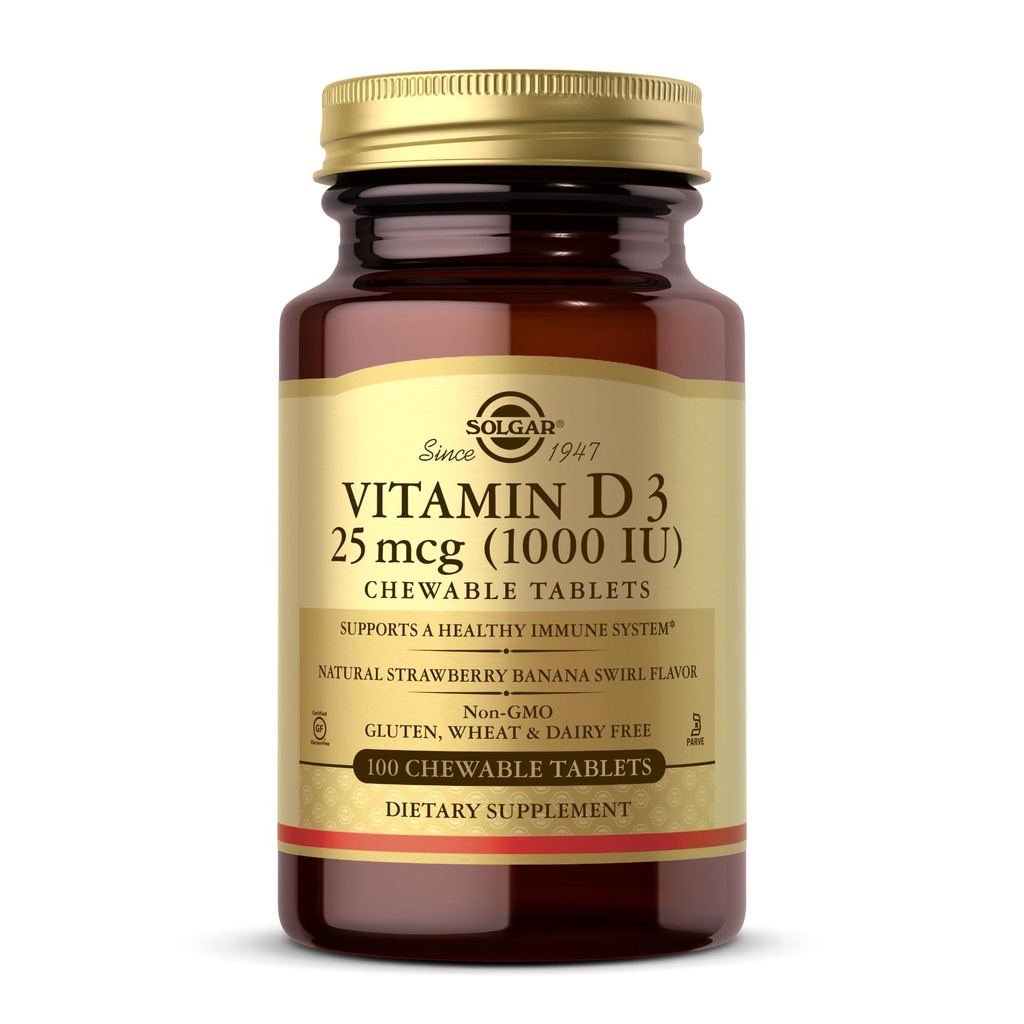 Solgar Vitamin D3 (Cloncalciferol) 25 mcg (1000 IU), Doğal Strawberry Banana Swirl - 100 Chewable Tablet - Non-GMO, Kosher - 100 Hizmet