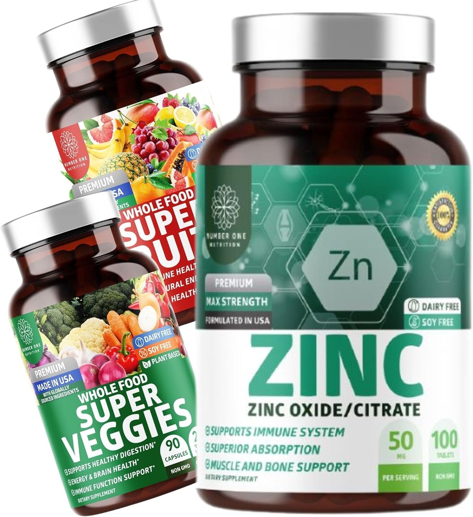 Number One Nutrition N1N Premium Super Fruits & Veggies Supplement [40 Whole Foods, Aloe Vera, Βιταμίνες] και Ψευδάργυρος 50mg [3X Απορρόφηση], 2 πακέτα