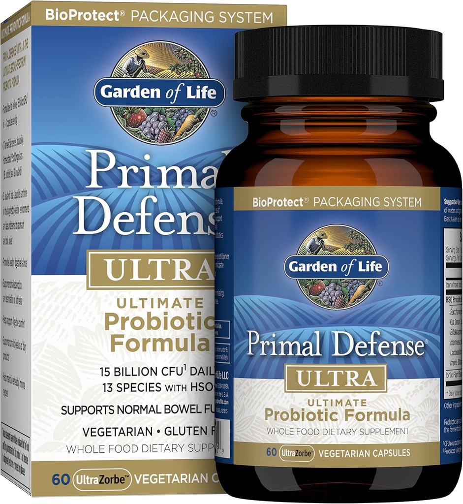 Life Probiyotiks for Digestive Health and Gut Health Balance, Primal Savunma Ultra Ultimate Formula, 15 Milyar CFU ve 13 Strains Plus HSOs, Vegetarian ve Gluten Free, 60 Capsules