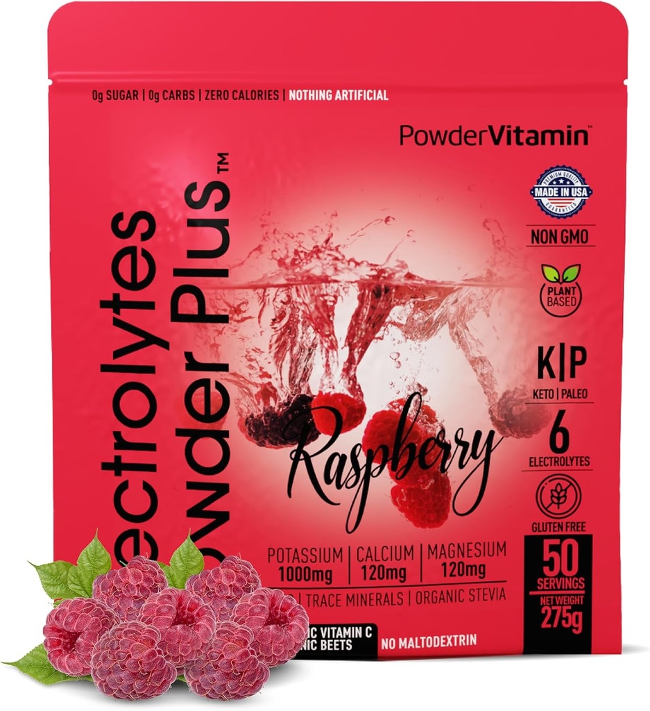 TozVitamin Electrolytes Toz Plus (50 Hizmet) Raspberry Electrolyte Toz Zero Calorie Keto, 0 Sugar, No Maltodextrin,1000 mg Pyum,120 mg Kalsiyum,120 mg Magnezyum, Hydration Toz,120mg Magnezyum, Hydration Toz