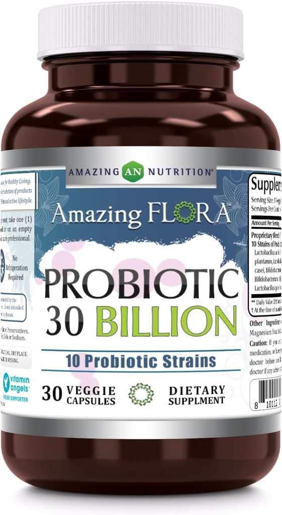 Amazing Flora Probiyotik 10 En İyi Probiyotikler Strains | 30 Milyar | Veggie Capsules Supplement | Non-GMO | Gluten Free | Made in USA (1 Pack, 30) Count