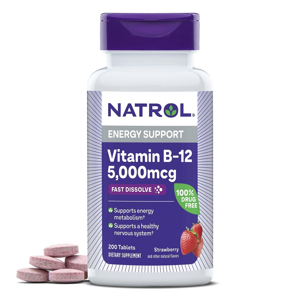 Natrol Vitamin B12 5.000 mcg, Fast Dissolve Vitamin B12 Supplement Sağlıklı Nervous Sistem ve Enerji Metabolism, 200 Tablet, 200 Günlük Supply 200 Günlük Supply