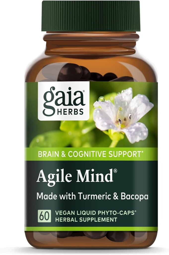 Βότανα Gaia Agile Mind - Εγκεφαλική & Γνωστική Υποστήριξη Βοτανικά Συμπληρώματα - με Βιολογική Ρίζα Κουρκουμάς, Bacopa, Μαύρο Πιπέρι, και Ginkgo Biloba - 60 Vegan Liquid Phyto-Capsules (30-Day Supply)