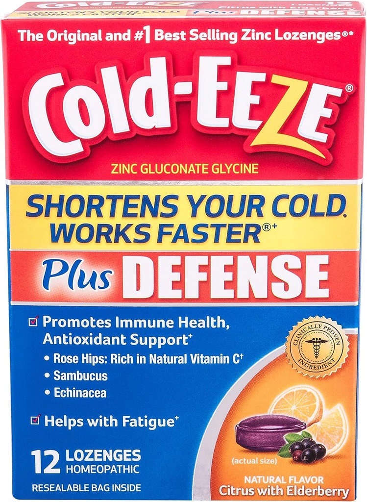 Cold-EEZE Plus Defense Cold-Shortening Lozenges, 12 Kont, Cold Remedy, Citrus with Elder Flavor