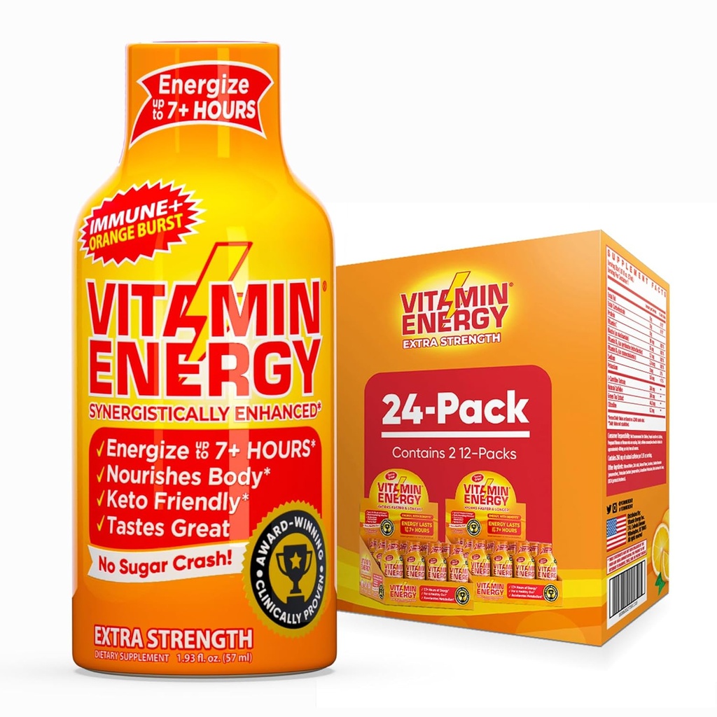 Enerji Vitamini Immune+ Ekstra Güçlü Enerji Shot Orange Burst 24 Paketi, 260 mg Doğal Caffeine, B-Vitamins, Citicoline, Green Tea, Immunity & Focus Support, Zero Sugar, Gluten-Free 1.93 fl ozz