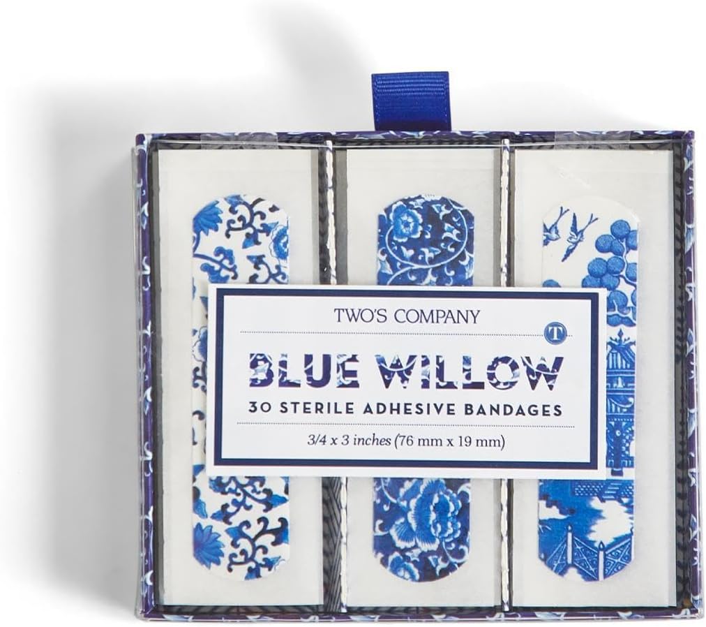 Two's Company 53560 Blue Willow Bandages in Gift Box,30 Pieces,3-inch Length,Plastic,White