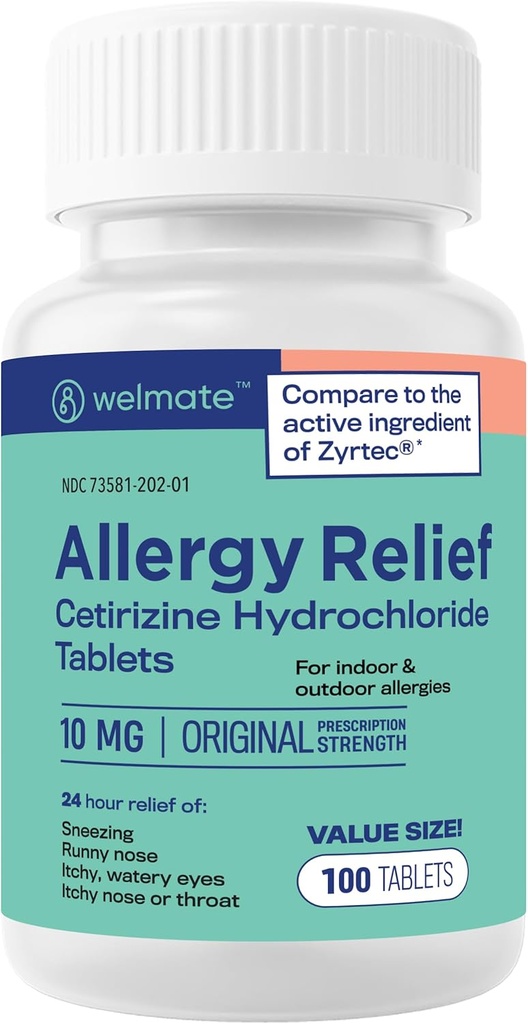WELMATE - Antivirüs Yardımı - Cetirizine HCl 10 mg - 24 Saat Antihistamin - Drowsy - Sneezing - Runny Nose - Itchy Eyes & Throat - Kapalı & Açık Alerjiler Yardım Tabletleri - 100 Tablet