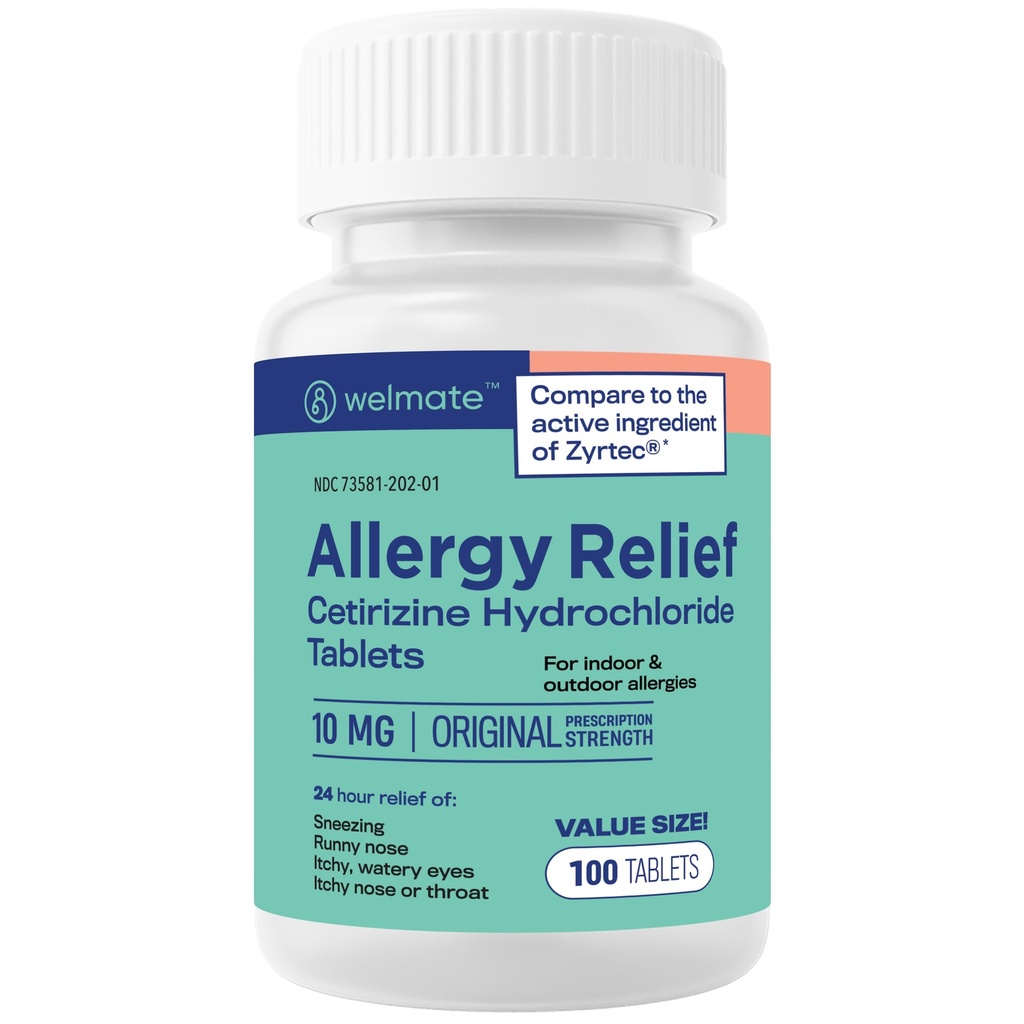 WELMATE - Antivirüs Yardımı - Cetirizine HCl 10 mg - 24 Saat Antihistamin - Drowsy - Sneezing - Runny Nose - Itchy Eyes & Throat - Kapalı & Açık Alerjiler Yardım Tabletleri - 100 Tablet