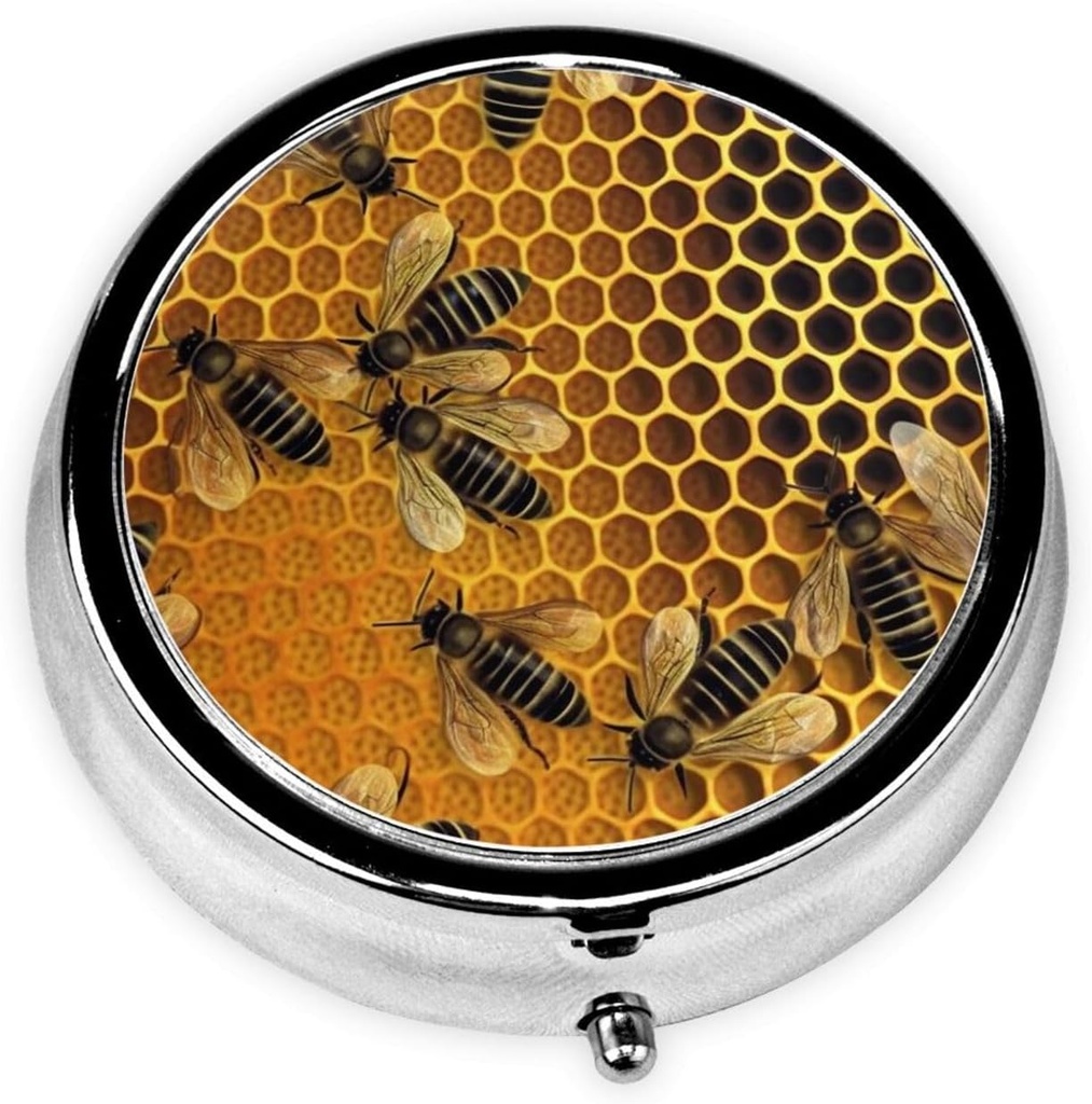 Bees on hive Pill Box Metal Round Small Pill Case Cute 3 Compartment Pill Organizer Portable Travel Pillbox Mini Pill Container Holder for Daily Medicine Supplement Vitamin